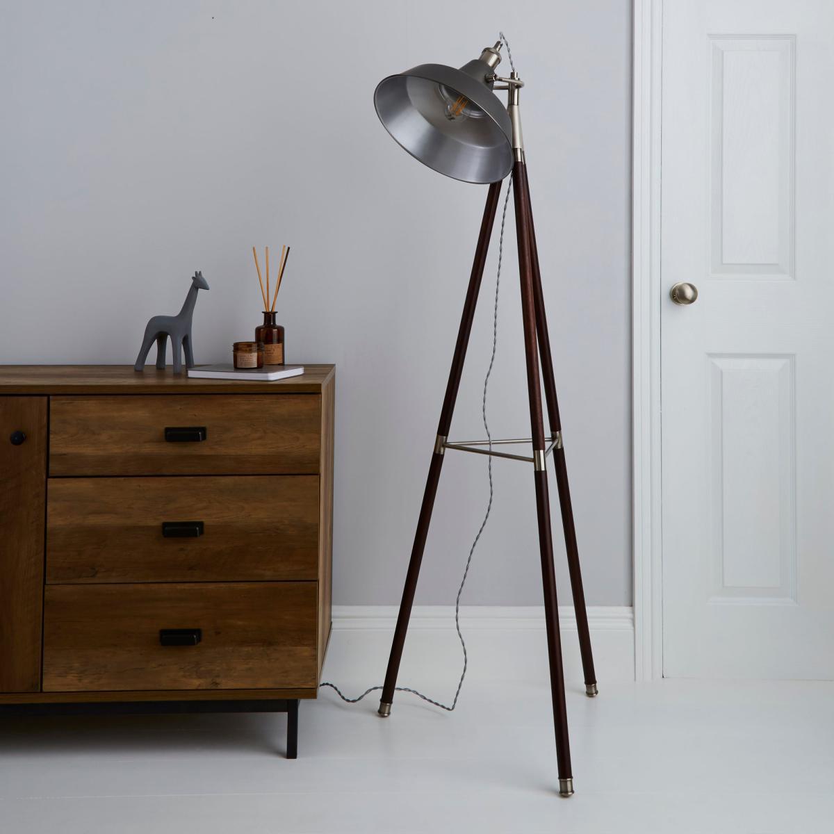 Lucas Tripod Dark Wood Industrial Floor Lamp Grey – image 2