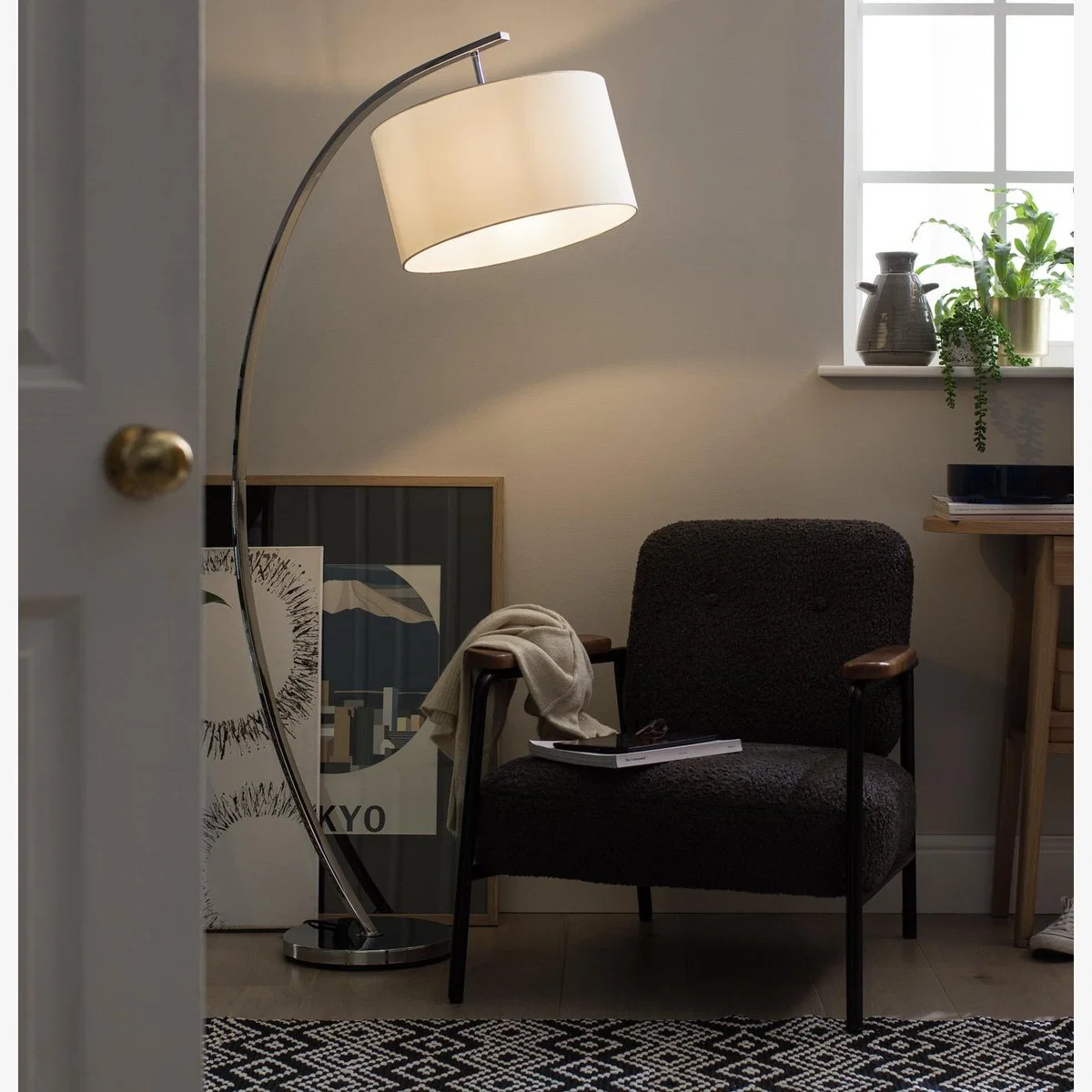 Habitat Clane Chrome Arch Floor Lamp - Cream