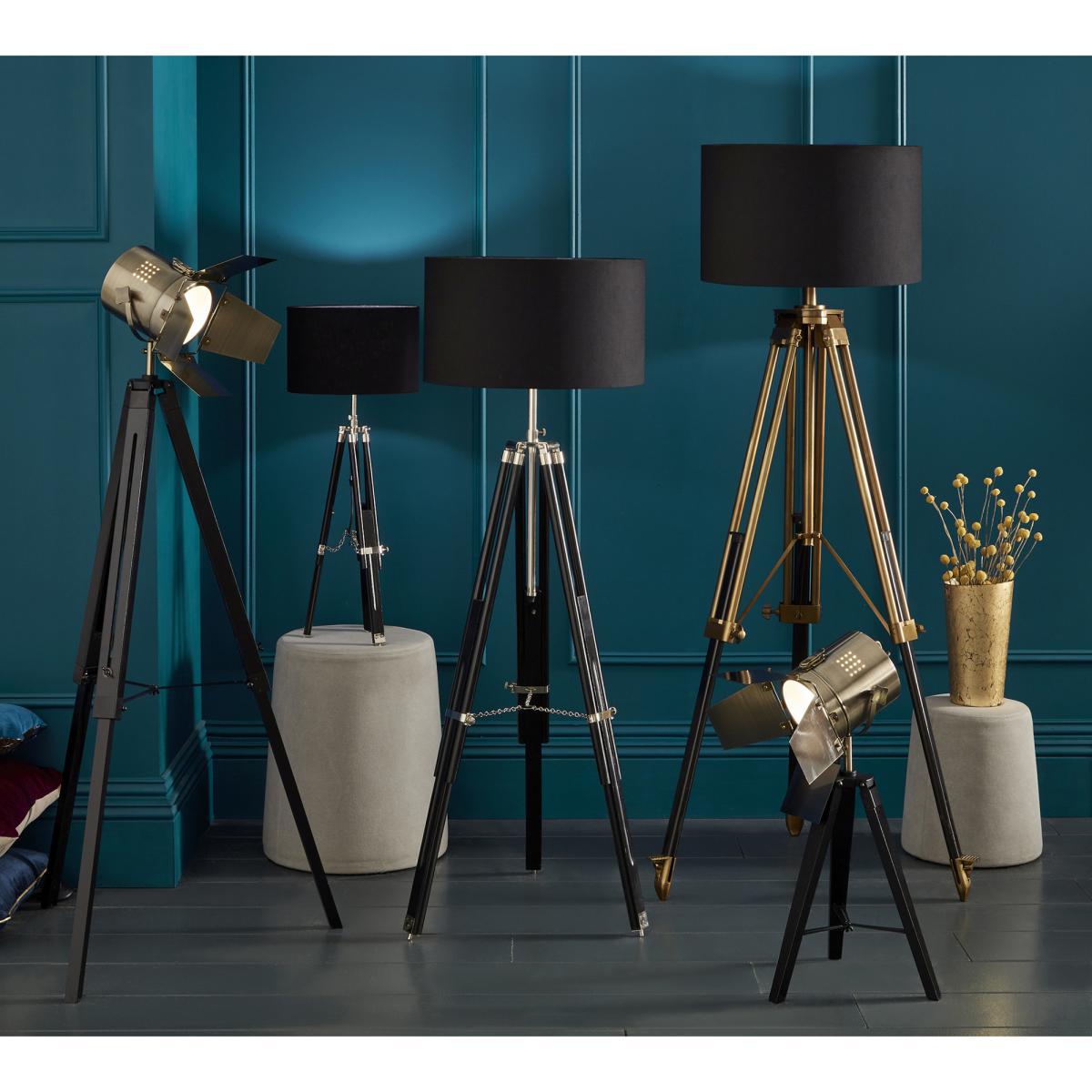 139cm Black Wood and Antique Brass Film Style Tripod Floor Lamp – image 2