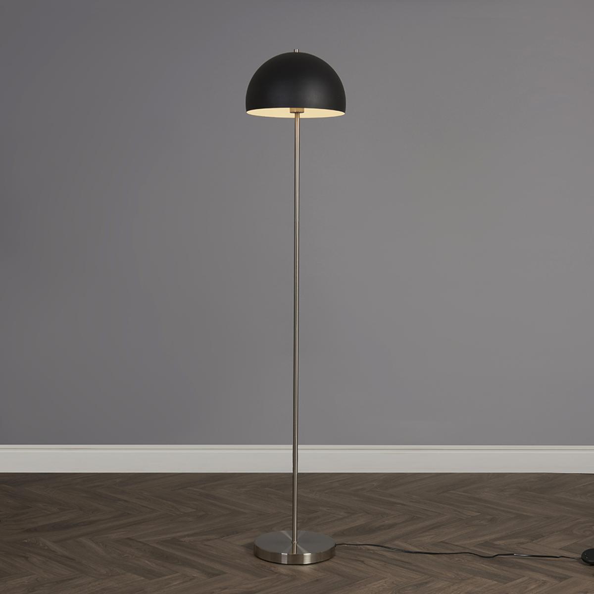 Contemporary Satin Nickel And Matt Black Dome Floor Lamp - Brushed Chrome – image 2