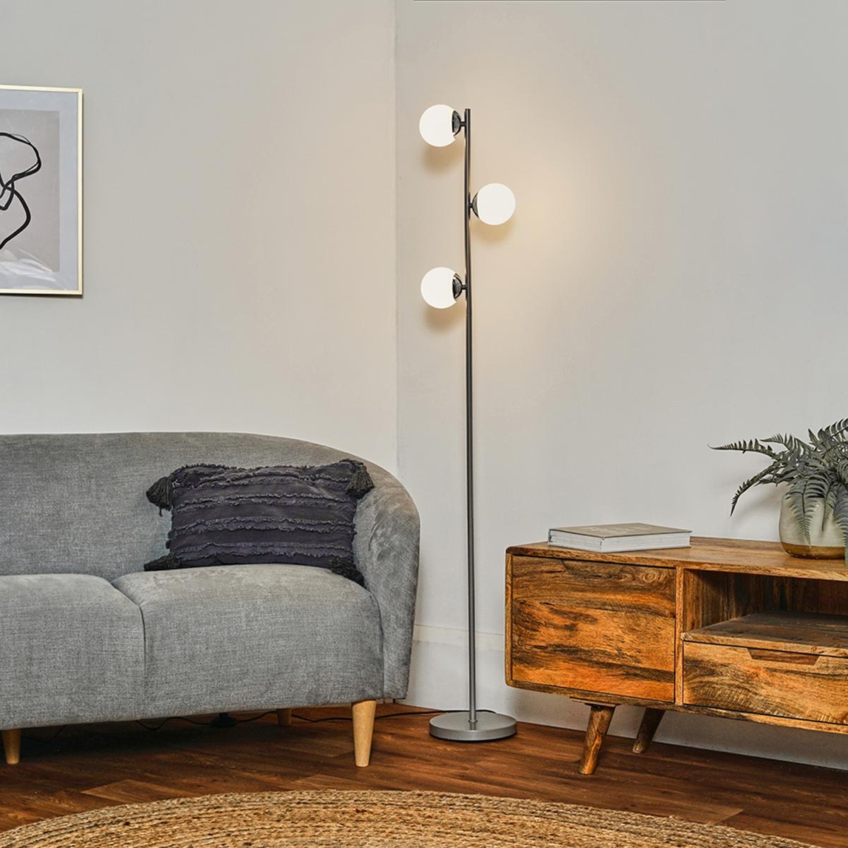 3 Way Single Stem Grey And Silver Chrome Standing Floor Lamp With Glass Shades - Grey – image 4