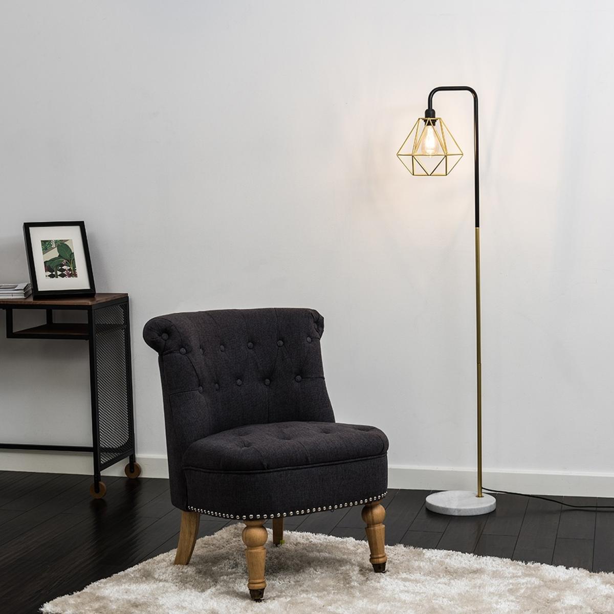 Black Gold Metal And White Marble Floor Lamp With Gold Metal Basket Cage Shade - Gold – image 2
