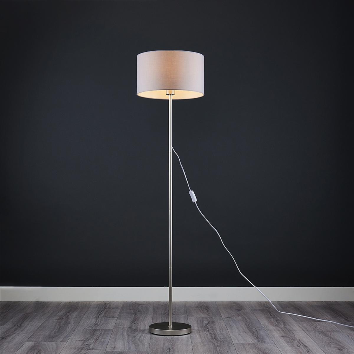 Modern Floor Lamp In Brushed Chrome Metal Finish With Large Grey Drum Shade - Brushed Chrome – image 2