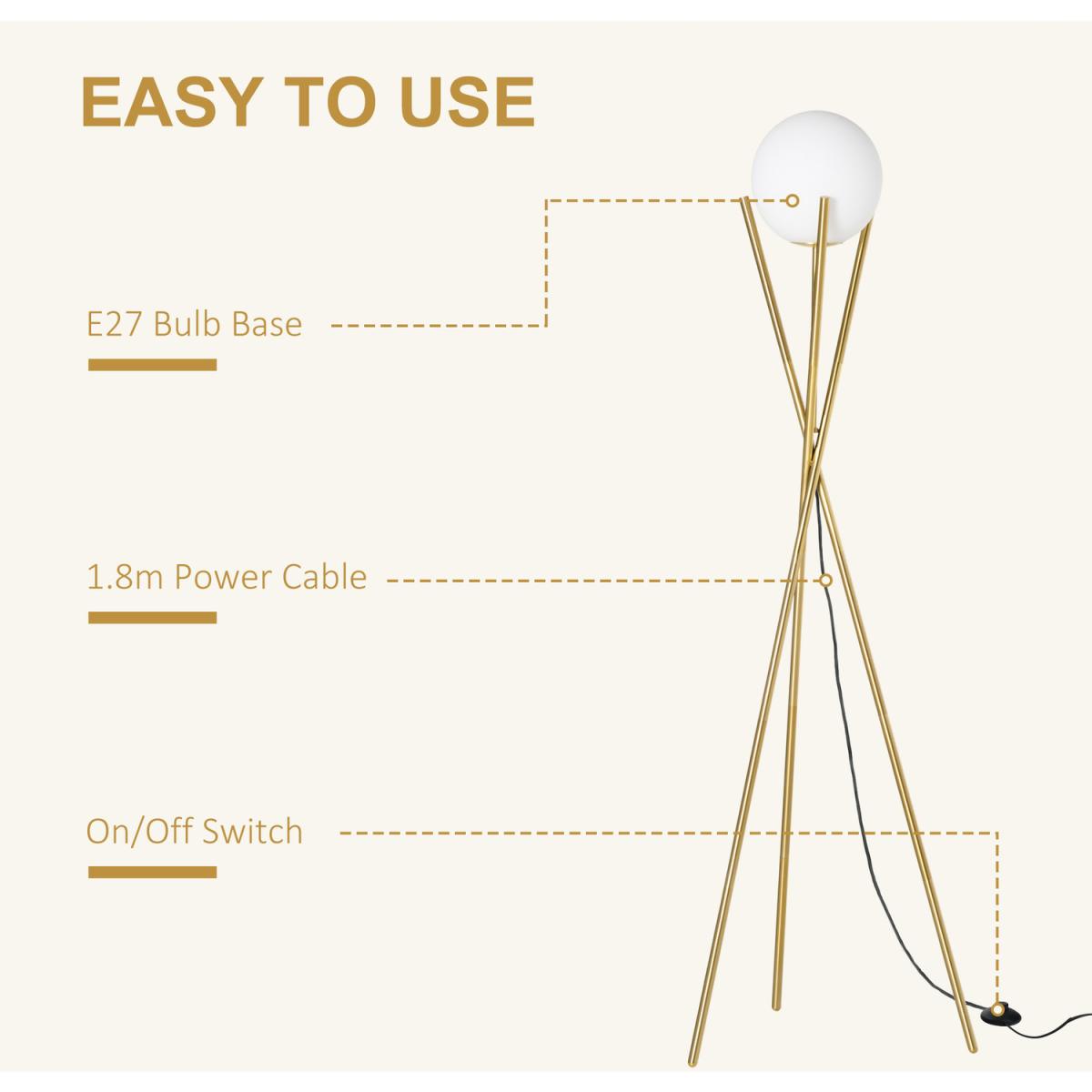 Modern Tripod Floor Lamp Standing Lamp with Globe Lampshade - Gold, White – image 2