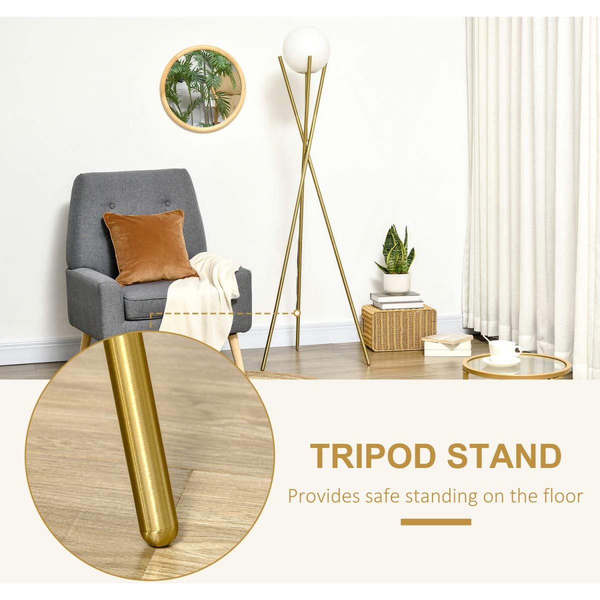 Modern Tripod Floor Lamp Standing Lamp with Globe Lampshade - Gold, White – image 3