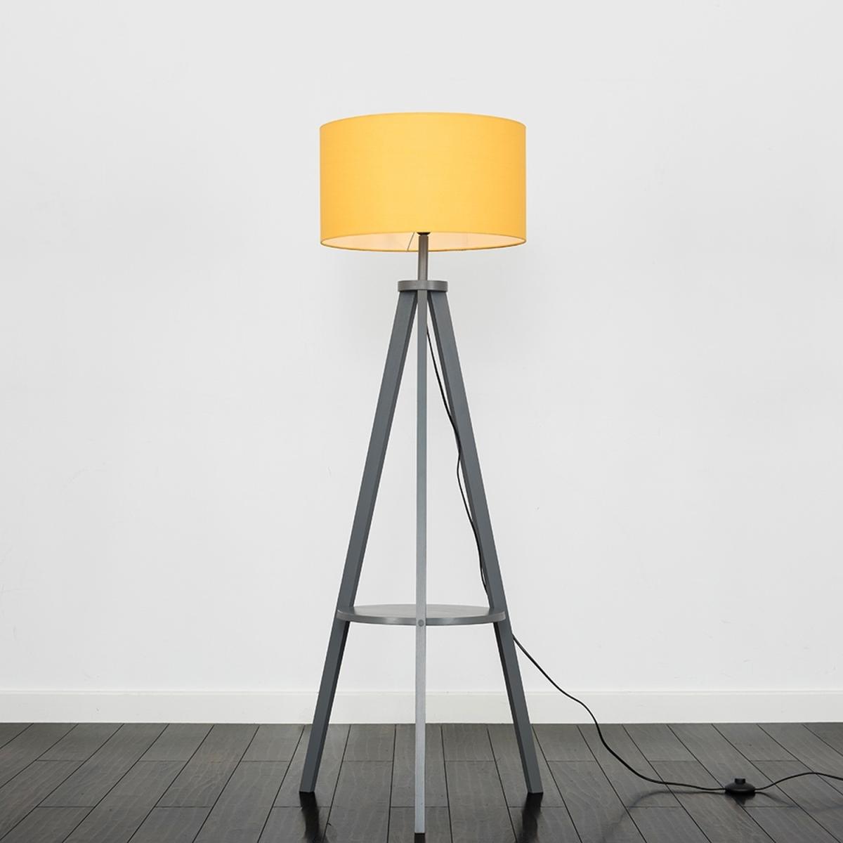 Grey Wood Tripod Design Floor Lamp With Storage Shelf And Mustard Drum Shade - Grey – image 4