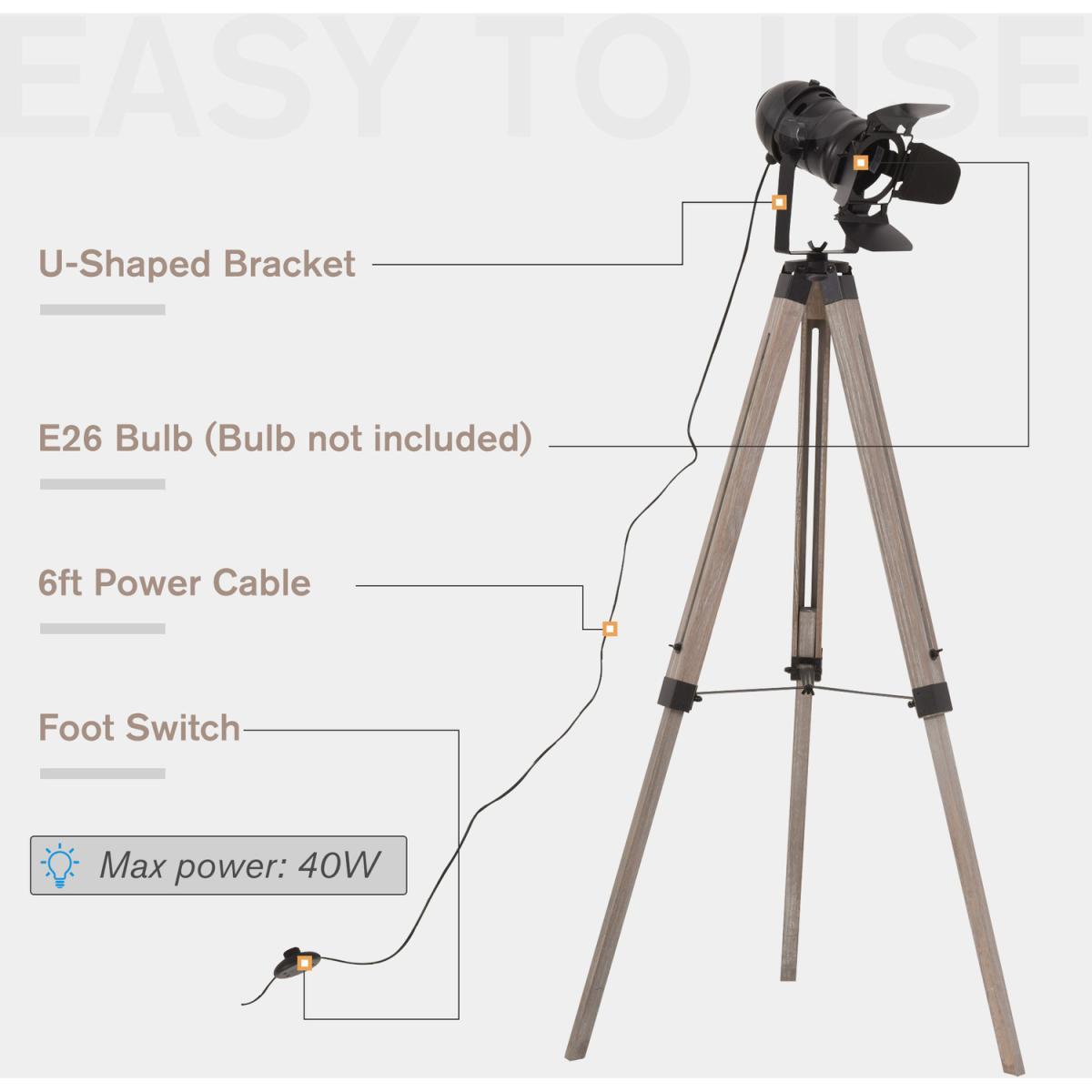 Industrial Style Tripod Floor Lamp - Black, Natural Wood Color – image 7