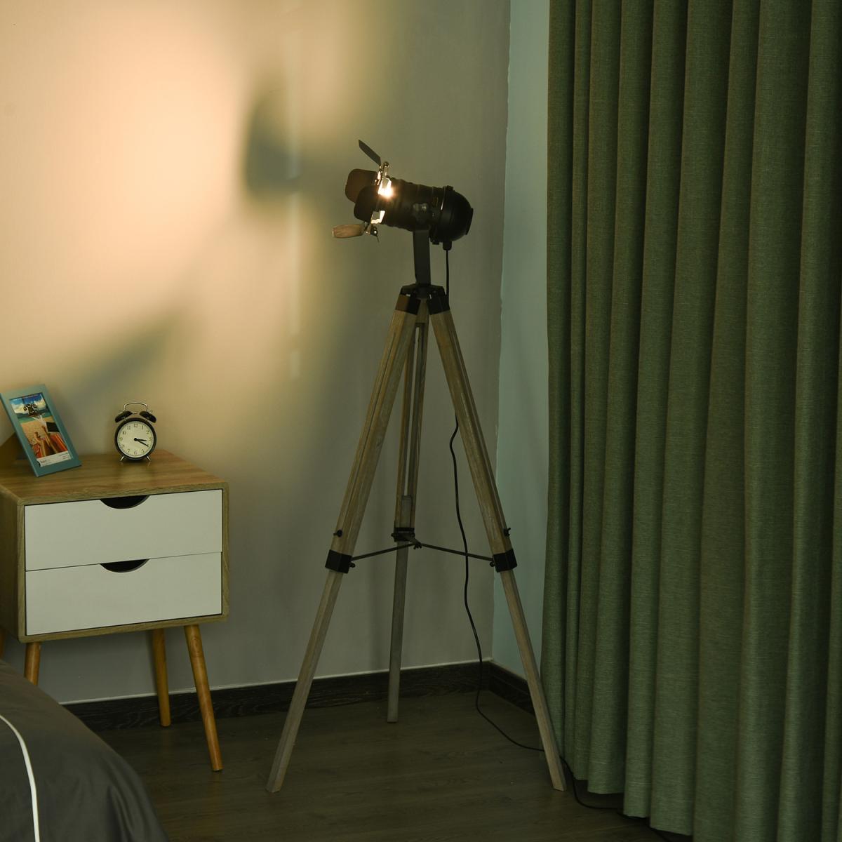 Industrial Style Tripod Floor Lamp - Black, Natural Wood Color – image 1