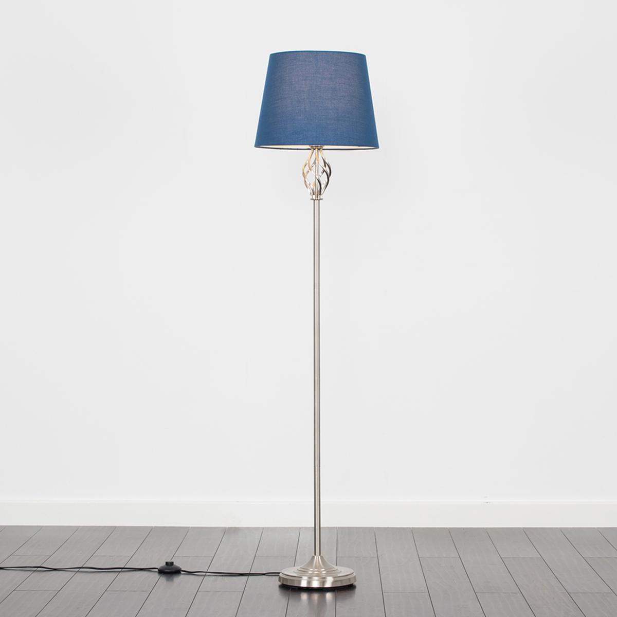 Traditional Silver Satin Barley Twist Floor Lamp With Navy Blue Shade - Silver – image 2