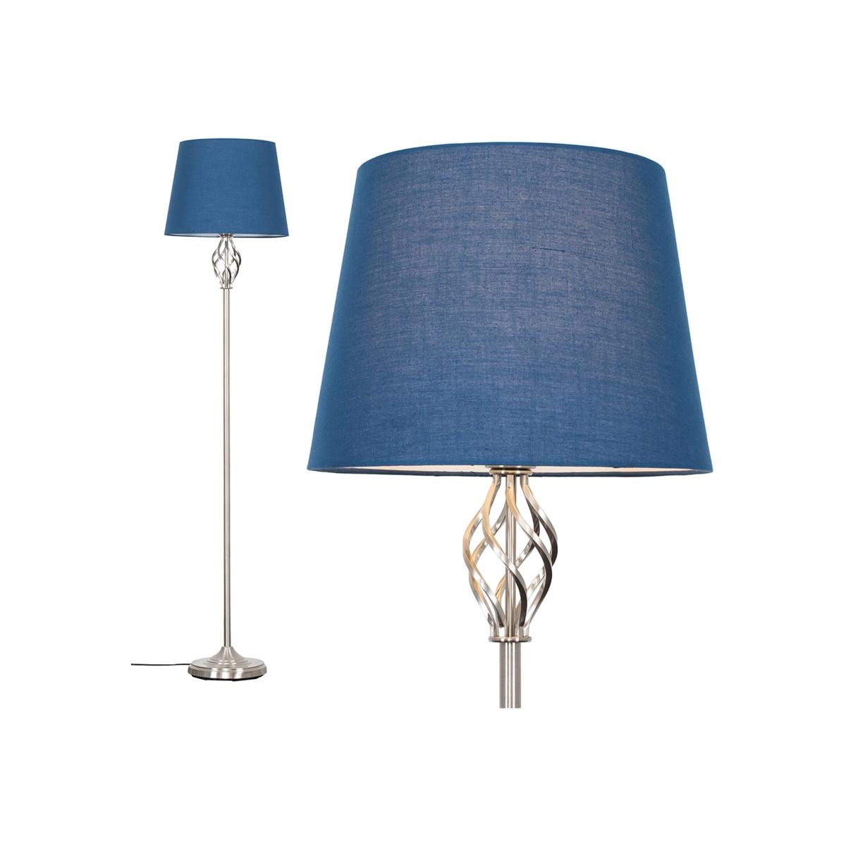 Traditional Silver Satin Barley Twist Floor Lamp With Navy Blue Shade - Silver – image 1