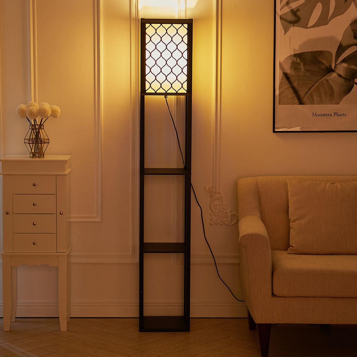 3 Tier Storage Shelf Wood Modern Floor Lamp - Black / Linen Wood / 26cm – image 2