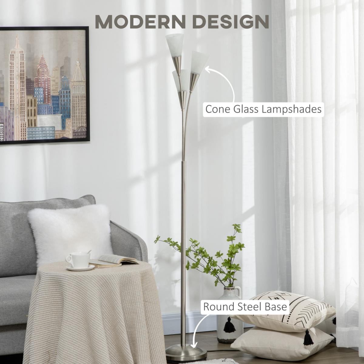 Modern Floor Lamp for Living Room Bedroom, 3 Light Upright Standing Lamp - Brushed Nickel, White – image 2