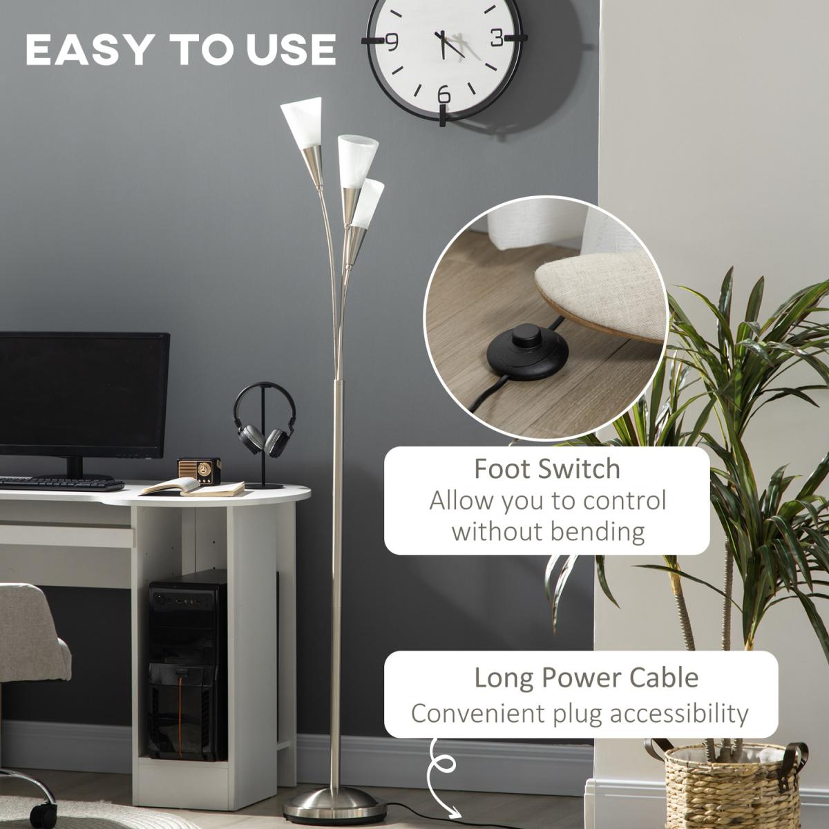Modern Floor Lamp for Living Room Bedroom, 3 Light Upright Standing Lamp - Brushed Nickel, White – image 3