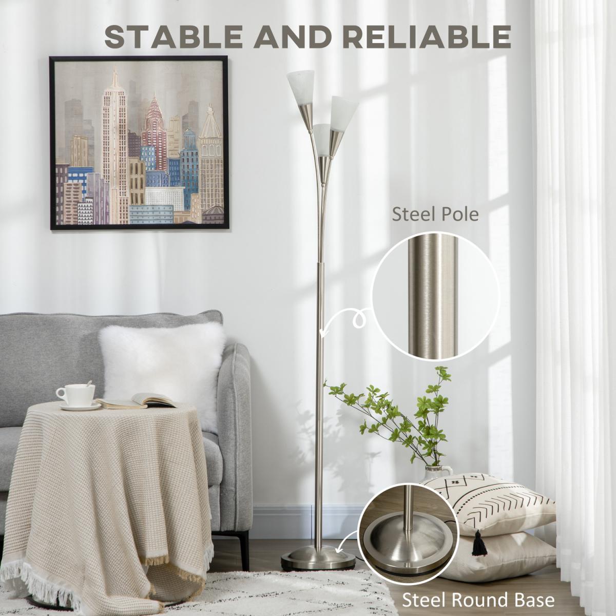 Modern Floor Lamp for Living Room Bedroom, 3 Light Upright Standing Lamp - Brushed Nickel, White – image 4