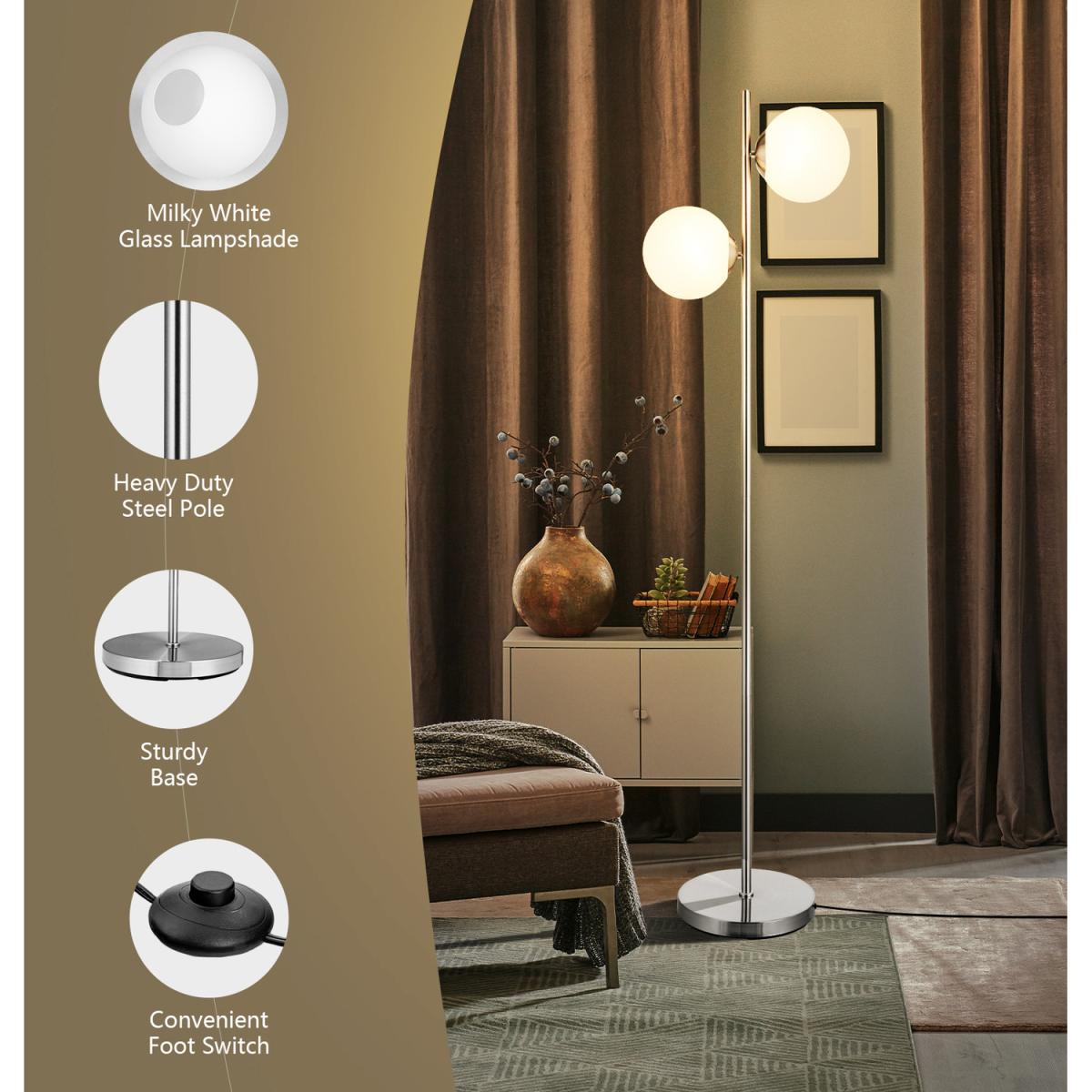 2 Head Frosted Glass Globe Corner Pole Lamp - Silver – image 2