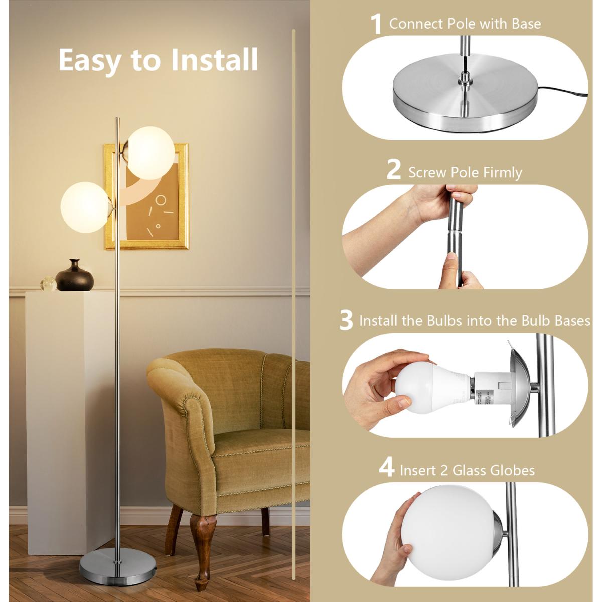 2 Head Frosted Glass Globe Corner Pole Lamp - Silver – image 4