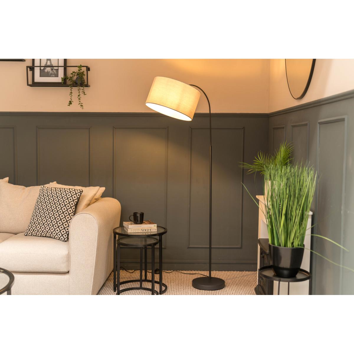 Modern Designer Style Dark Grey Curved Stem Floor Lamp With Grey Drum Shade - Grey – image 2