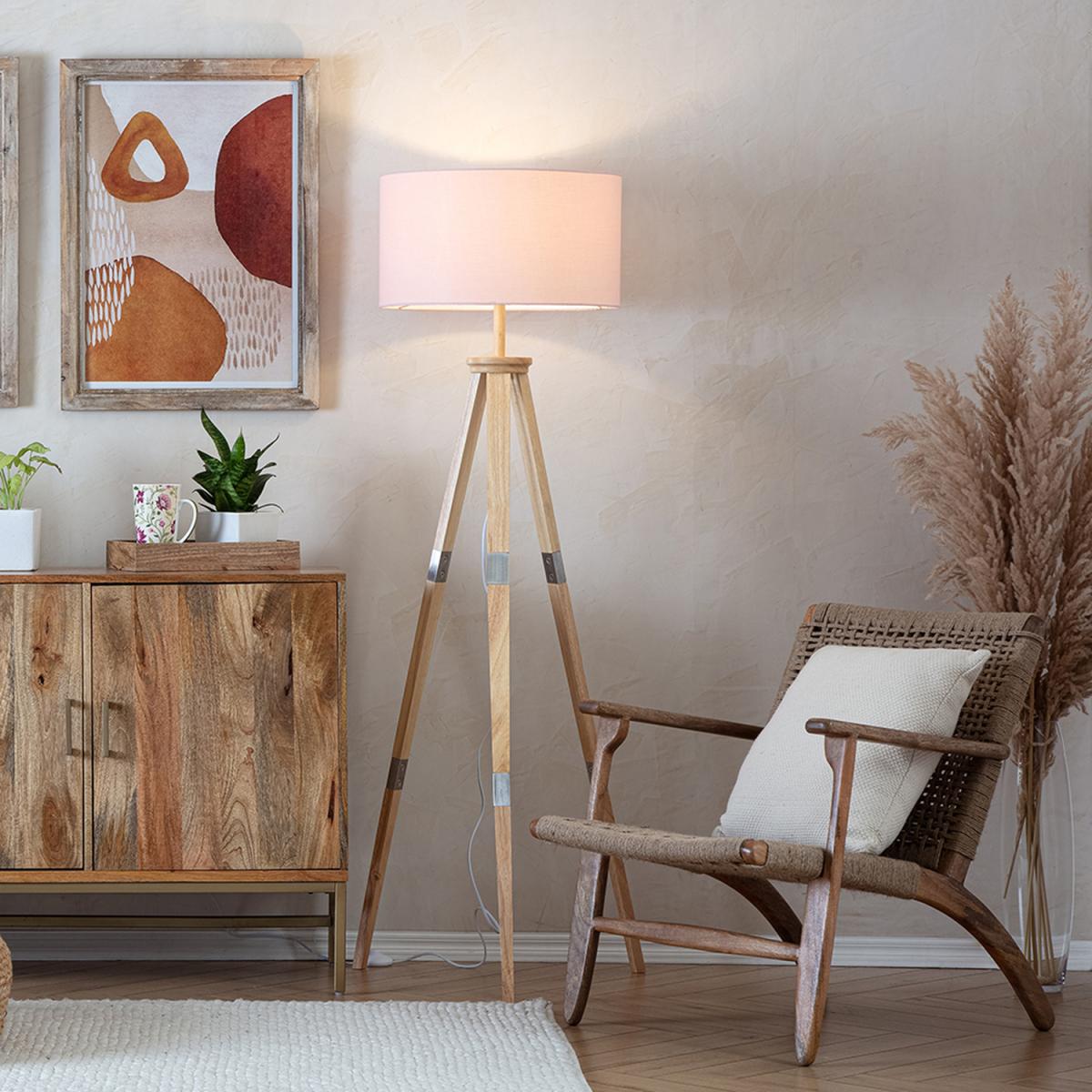 Large Modern Light Wood And Metal Tripod Design Floor Lamp With Pink Shade - Brown – image 2