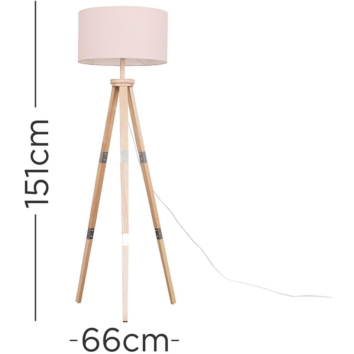 Large Modern Light Wood And Metal Tripod Design Floor Lamp With Pink Shade - Brown – image 3