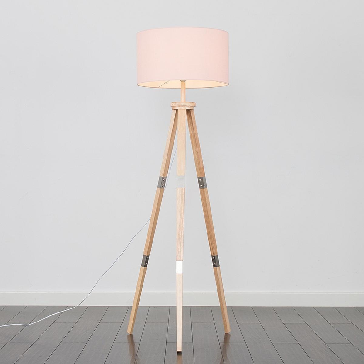 Large Modern Light Wood And Metal Tripod Design Floor Lamp With Pink Shade - Brown – image 4