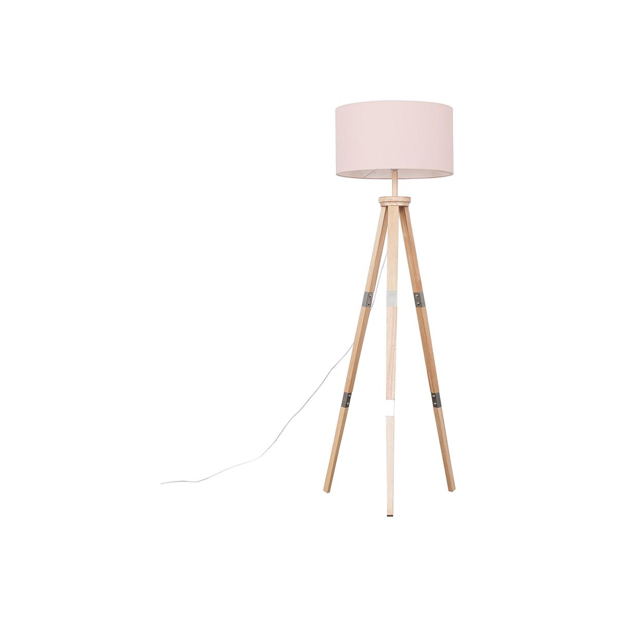 Large Modern Light Wood And Metal Tripod Design Floor Lamp With Pink Shade - Brown – image 1