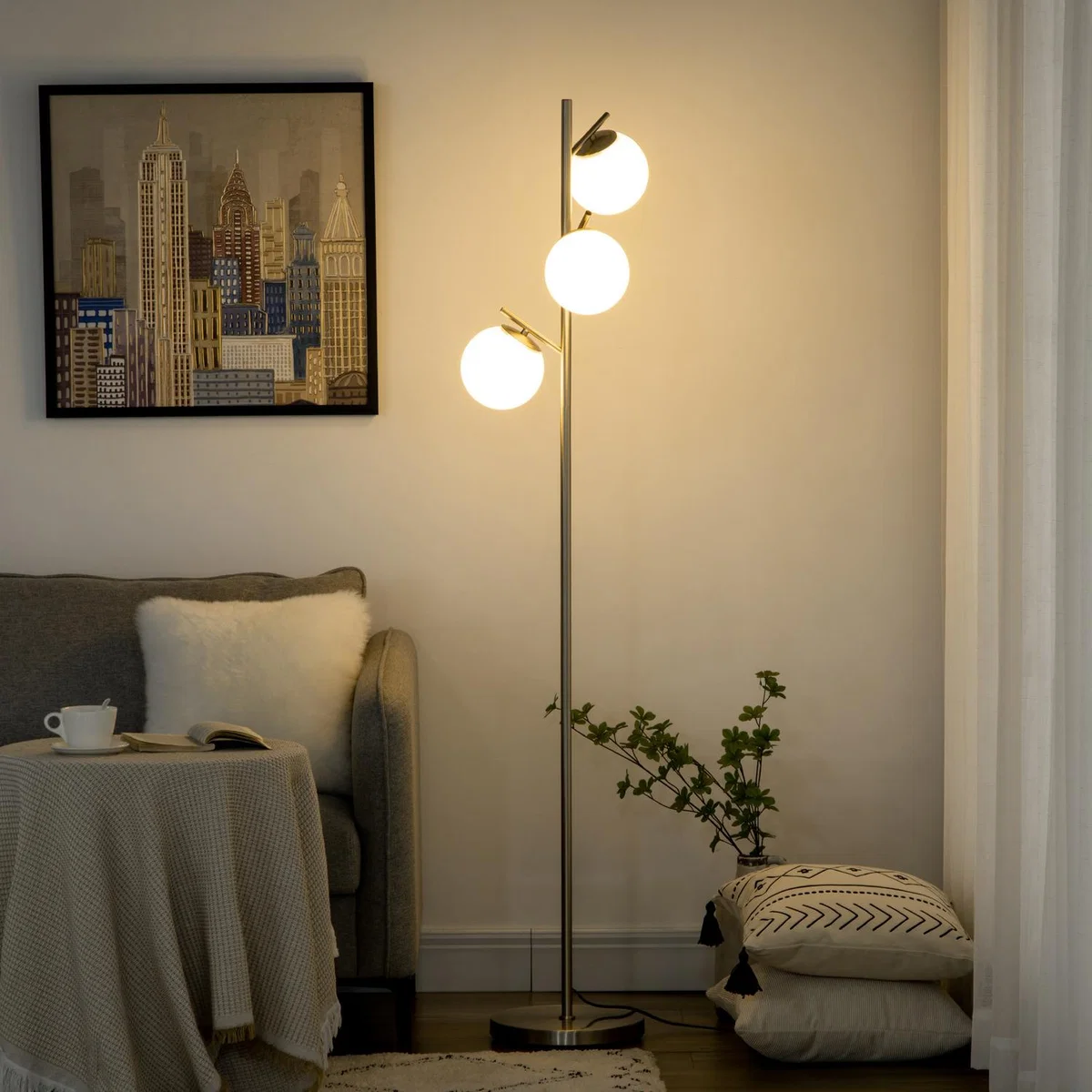 Modern Floor Lamp Living Room Bedroom, 3 Light Tree Standing Lamp - Silver, White – image 1
