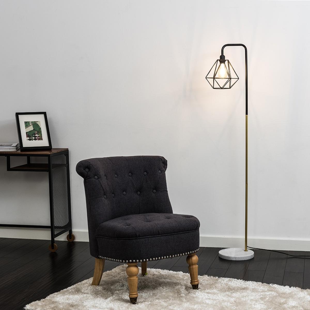 Black Gold Metal And White Marble Base Floor Lamp With Metal Basket Cage Shade - Gold – image 5