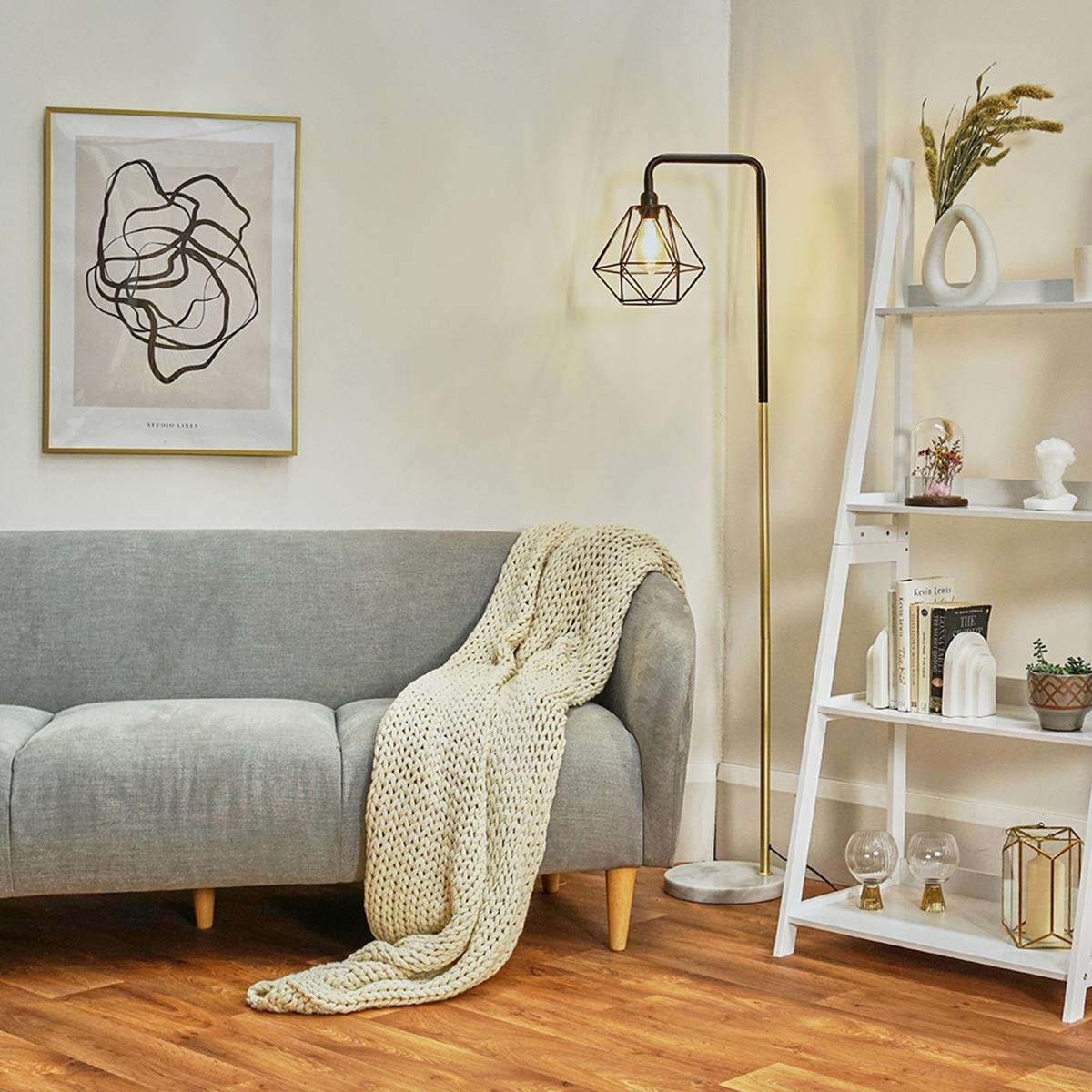 Black Gold Metal And White Marble Base Floor Lamp With Metal Basket Cage Shade - Gold – image 7