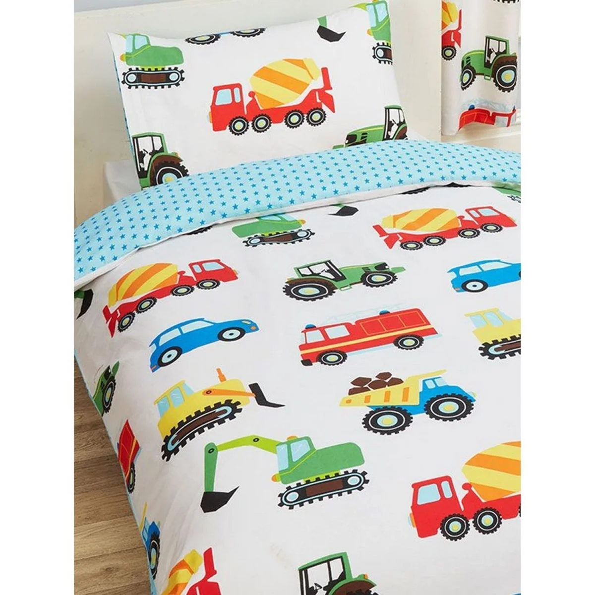 PriceRightHome Childrens/Kids Trucks & Transport Duvet Cover Set - White/Blue/Red / Single – image 2