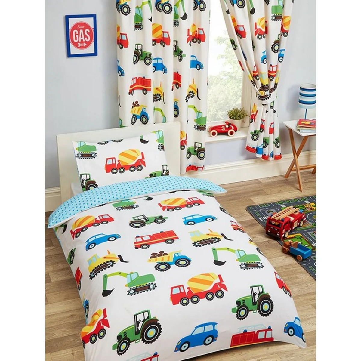 PriceRightHome Childrens/Kids Trucks & Transport Duvet Cover Set - White/Blue/Red / Single – image 3