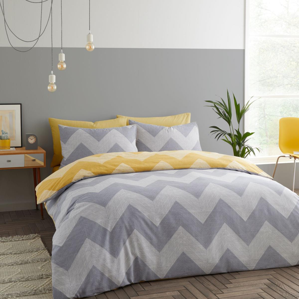 Catherine Lansfield Chevron Geo Ochre and Yellow Duvet Cover and Pillowcase Set Twin Pack Ochre (Yellow) – image 2