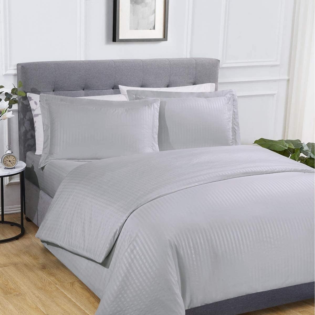 Sateen Stripe Complete Duvet Cover Pillowcase Fitted Sheet Bedding Set - Charcoal / Double – image 3