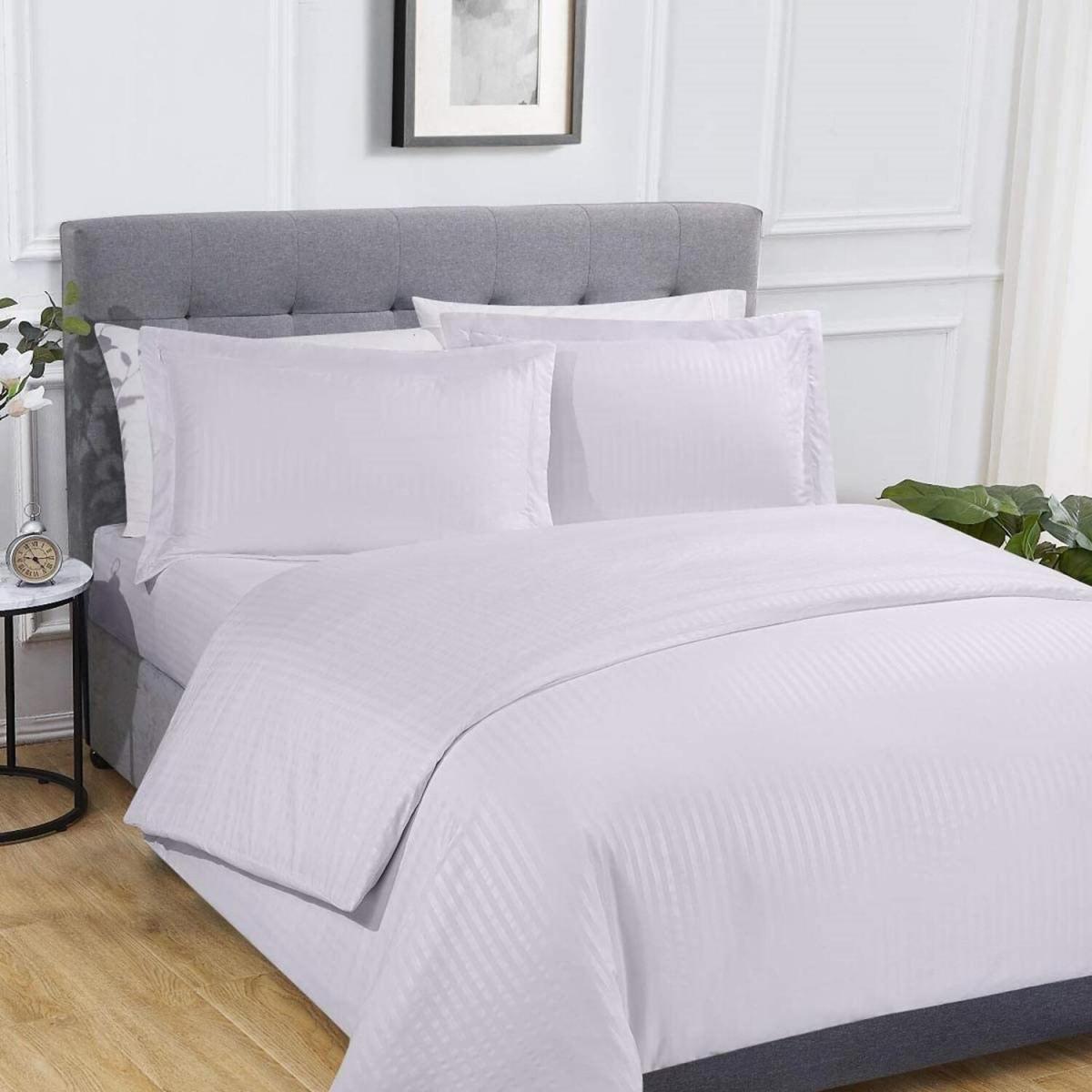 Sateen Stripe Complete Duvet Cover Pillowcase Fitted Sheet Bedding Set - Charcoal / Double – image 5