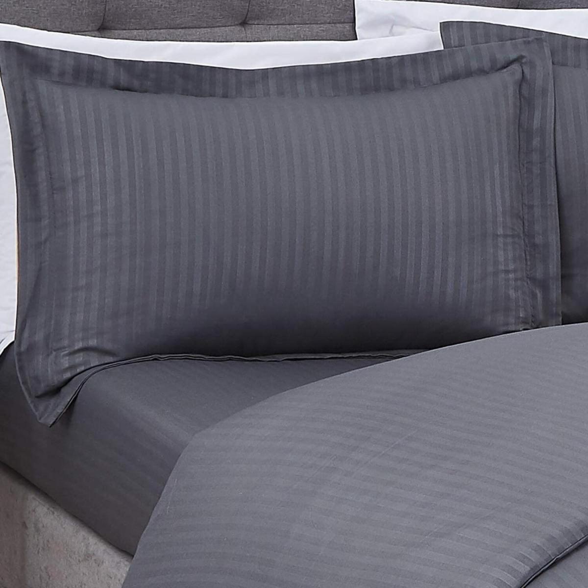 Sateen Stripe Complete Duvet Cover Pillowcase Fitted Sheet Bedding Set - Charcoal / Double – image 6