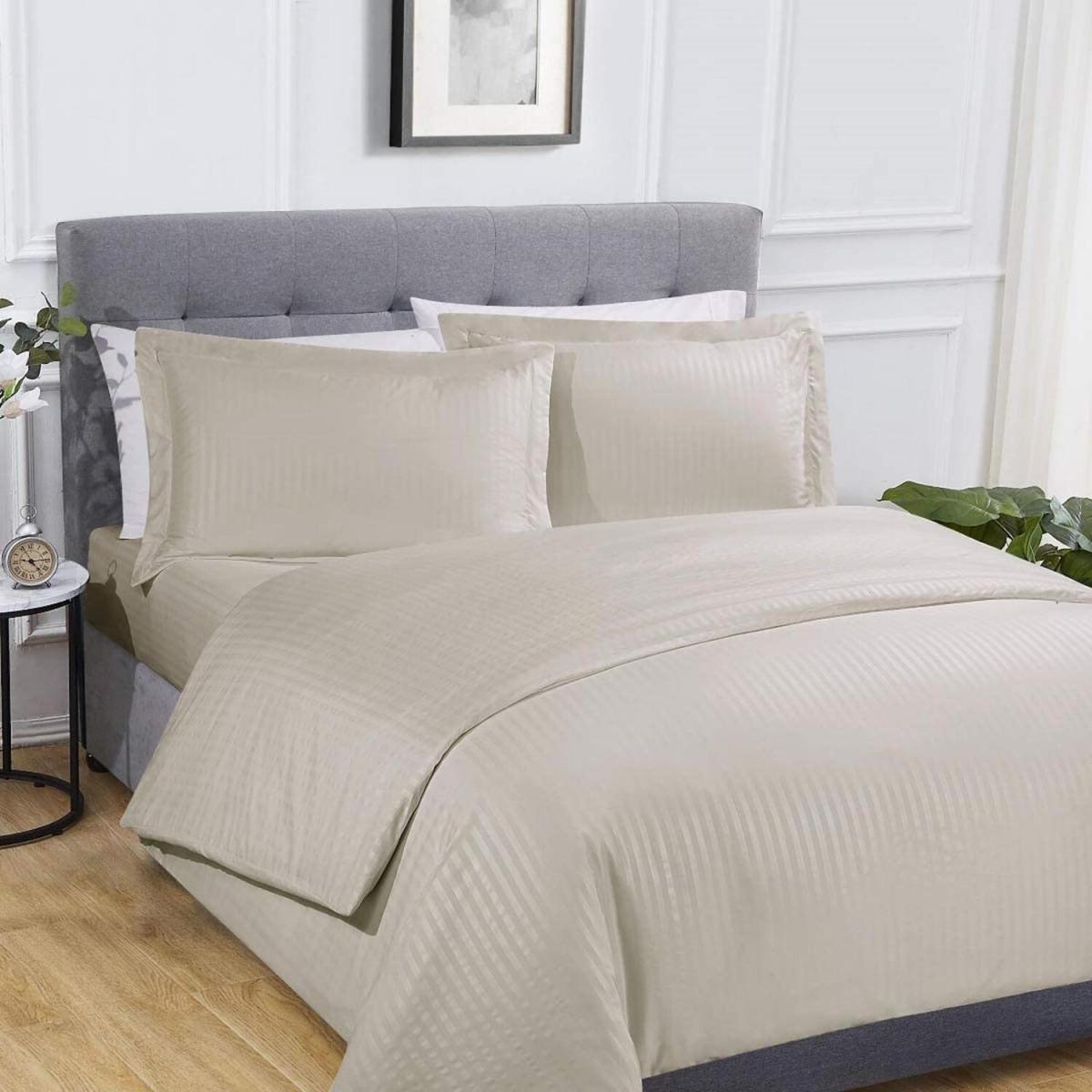 Sateen Stripe Complete Duvet Cover Pillowcase Fitted Sheet Bedding Set - Charcoal / Double – image 7