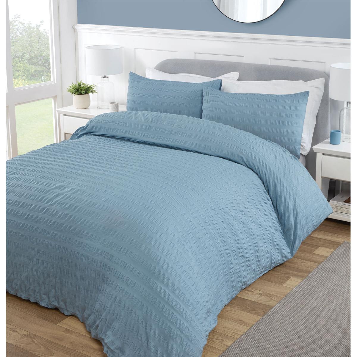 Divante Seersucker Dusky Blue Duvet Cover and Pillowcase Set - Dusty Blue / Double – image 2