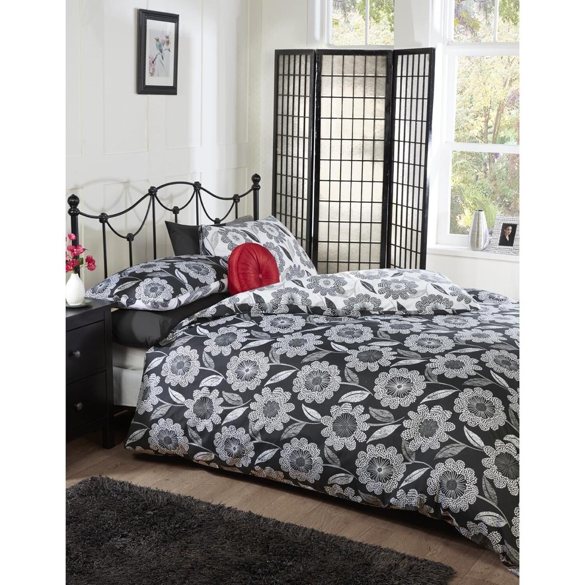 Fleur Black Printed Duvet Cover and Pillowcase Set - Double – image 2