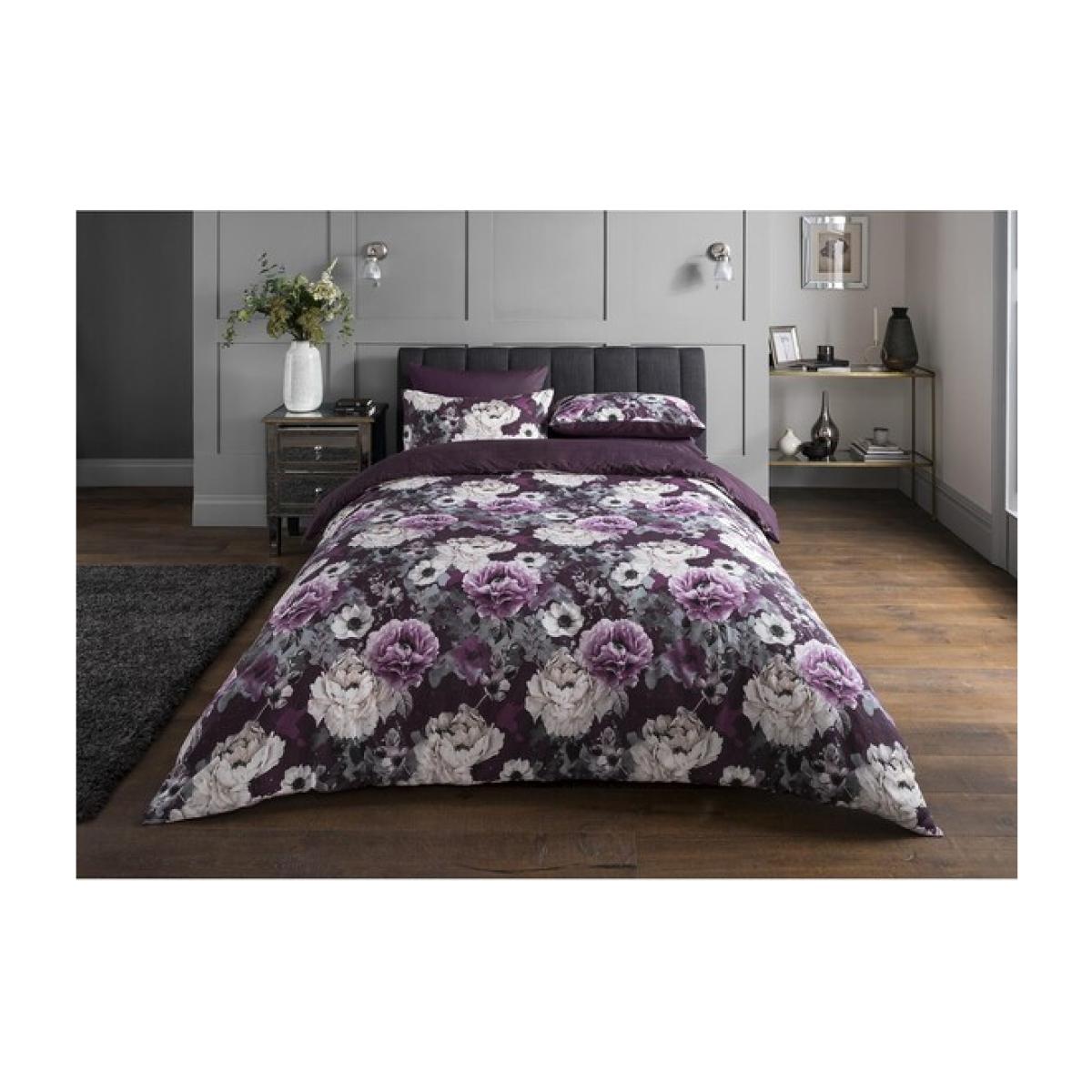 Inky Floral Purple Printed Duvet Cover and Pillowcase Set - Double – image 1