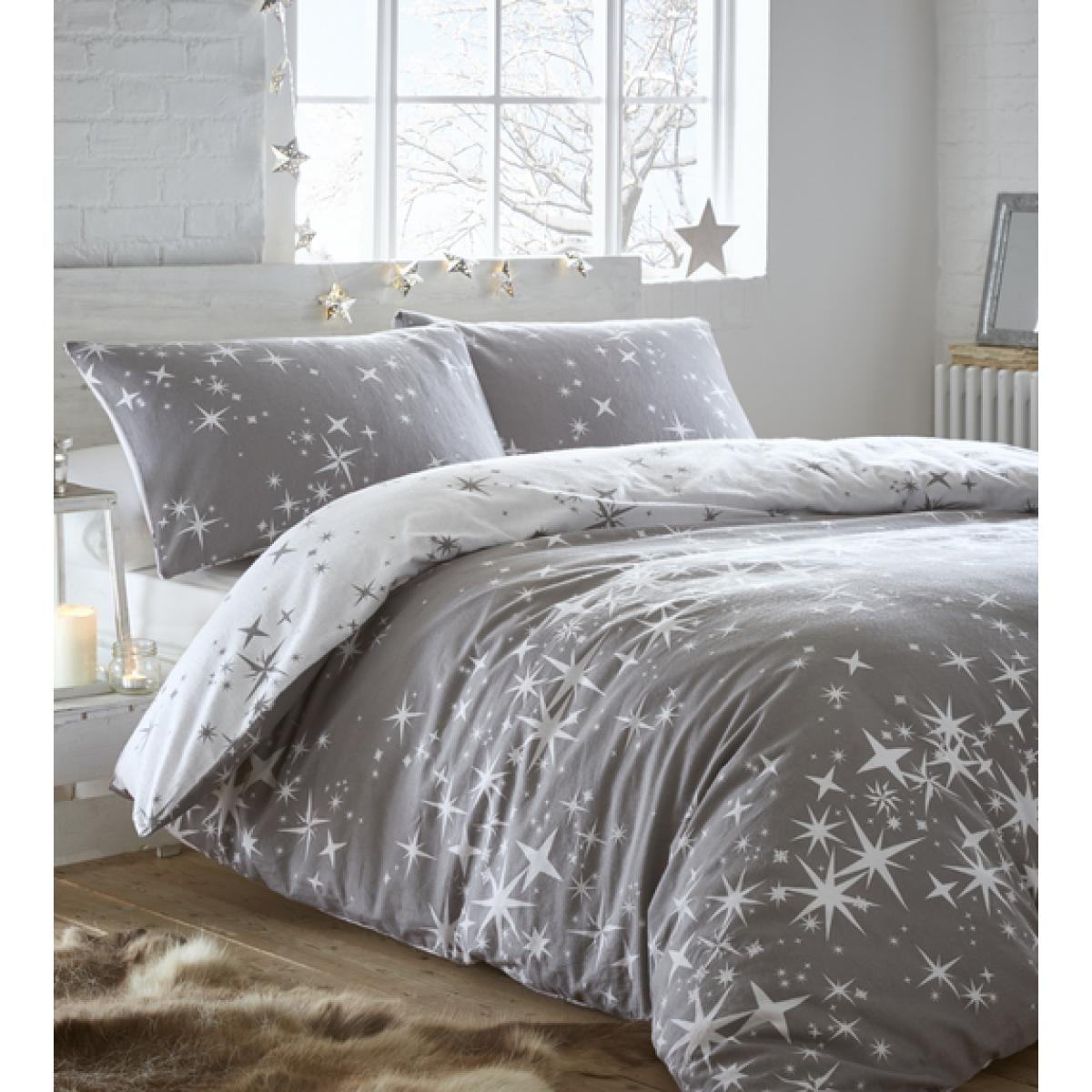 Flannelette Galaxy Duvet Cover and Pillowcase Set - Grey / Double