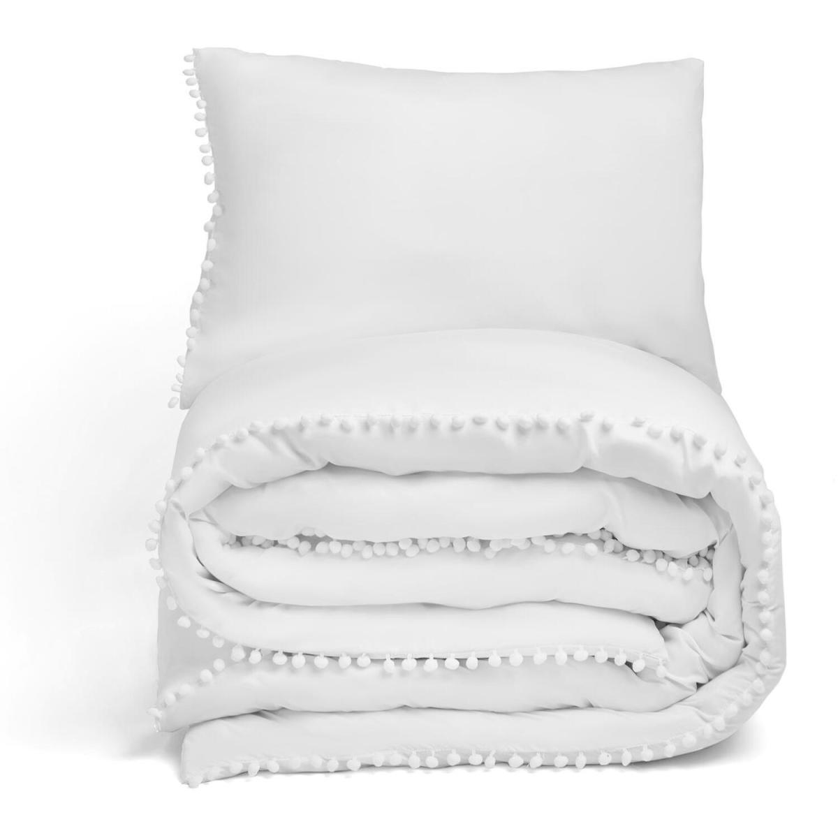 Dreamscene Pom Pom Trim Duvet Cover with Pillowcase Bedding Set - White / Double – image 4