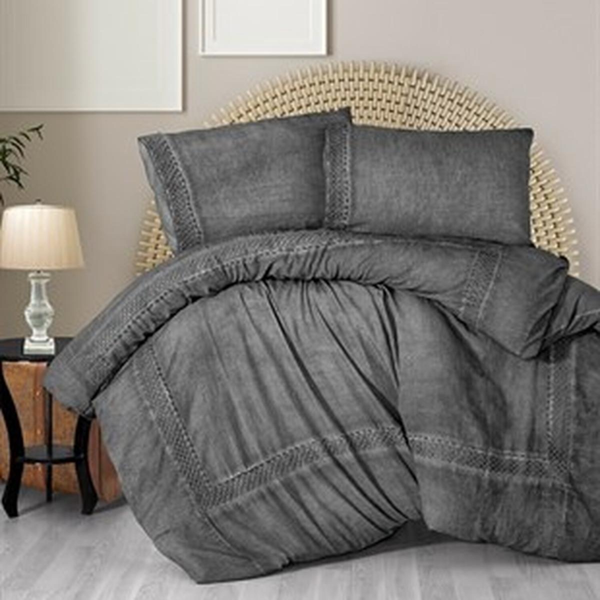 Organic Cotton Lace Embroidered Double Duvet Cover Pillowcase Set - Dusty Rose – image 2