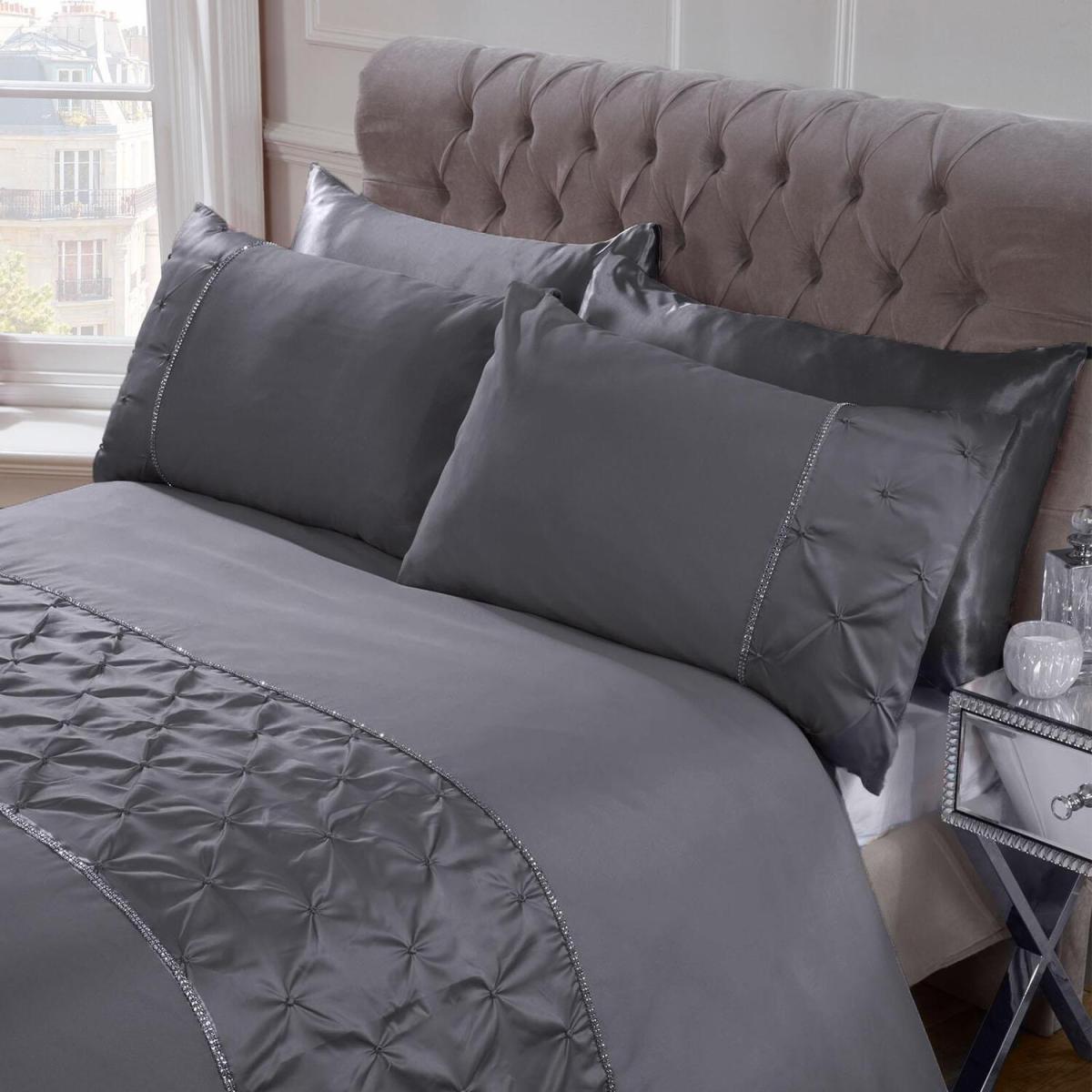 Sienna Satin Pintuck Diamante Band Duvet Cover Bedding Set - Silver / Double – image 2