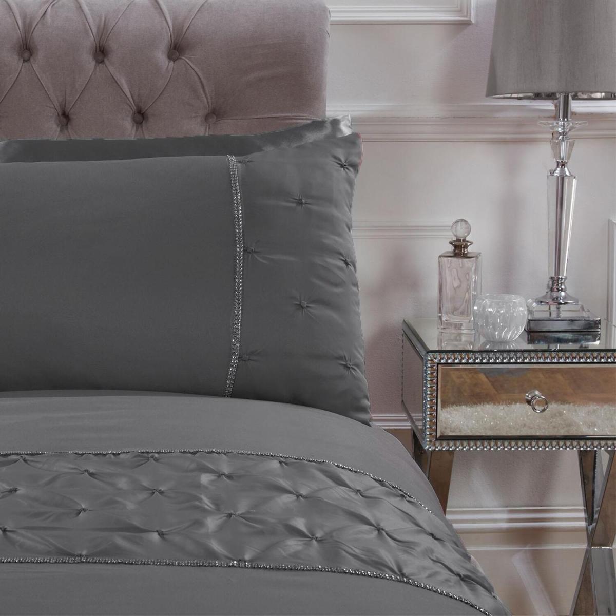 Sienna Satin Pintuck Diamante Band Duvet Cover Bedding Set - Silver / Double – image 3