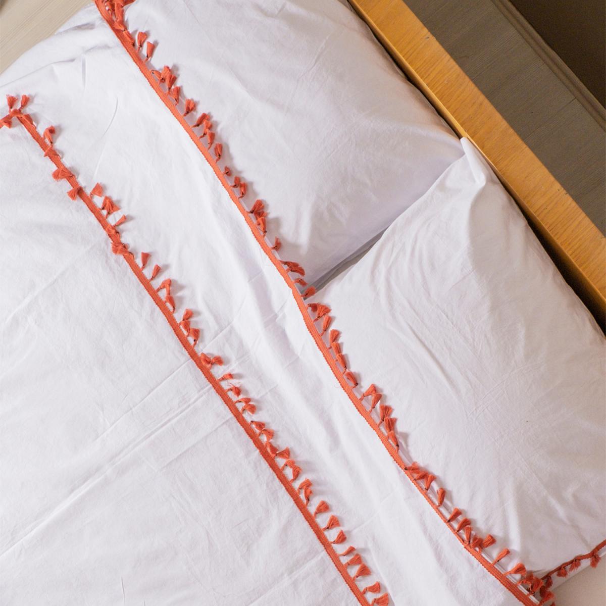 Organic White Cotton Duvet Cover and Pillowcase Set with Brick Red Pompom - White - Brick Red / Double – image 3