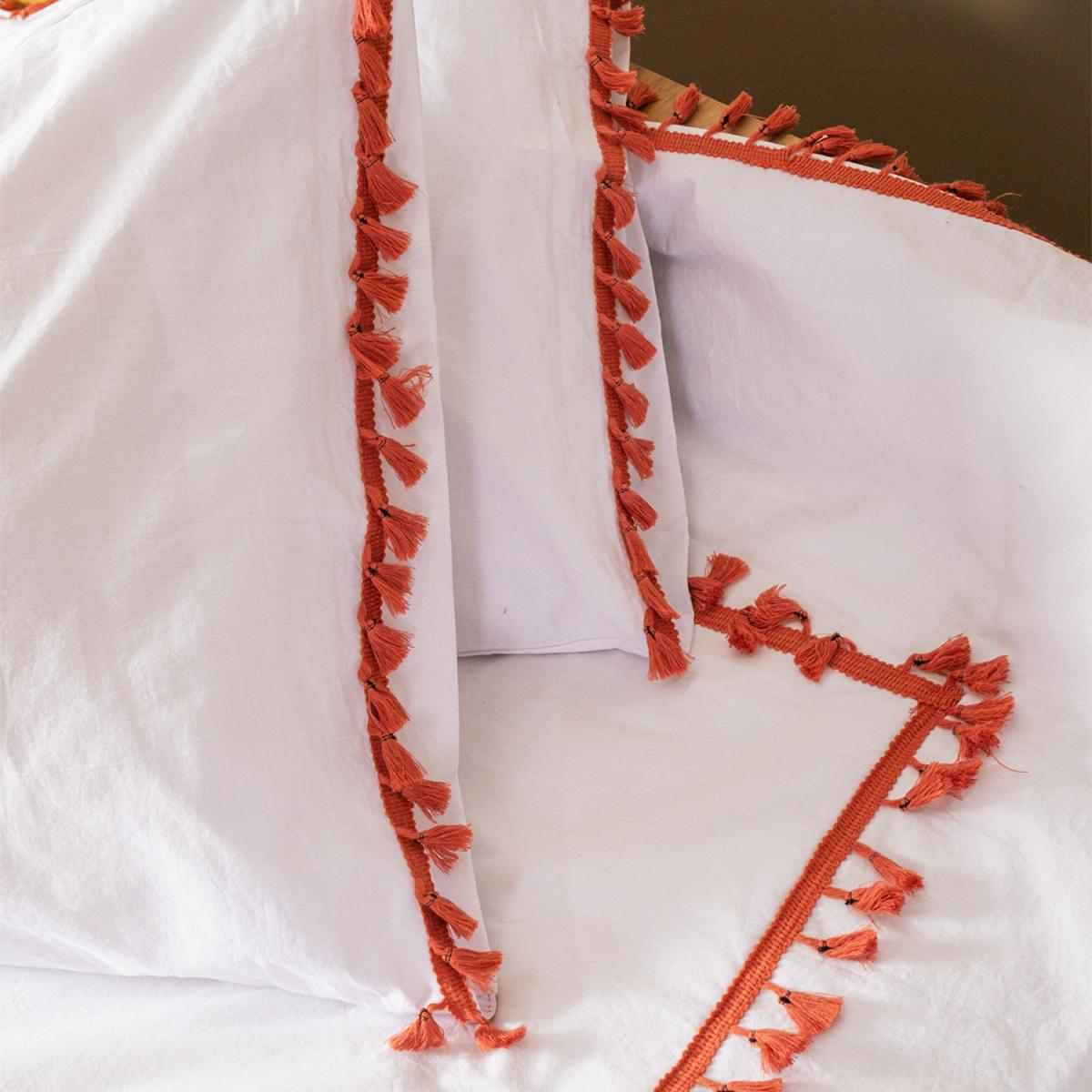 Organic White Cotton Duvet Cover and Pillowcase Set with Brick Red Pompom - White - Brick Red / Double – image 5