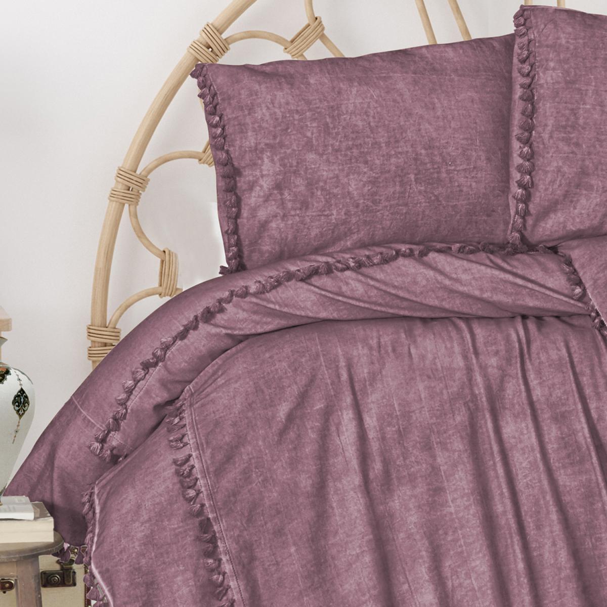 Organic Cotton Pompom Double Duvet Cover and Pillowcase Set - Dusty Rose – image 3