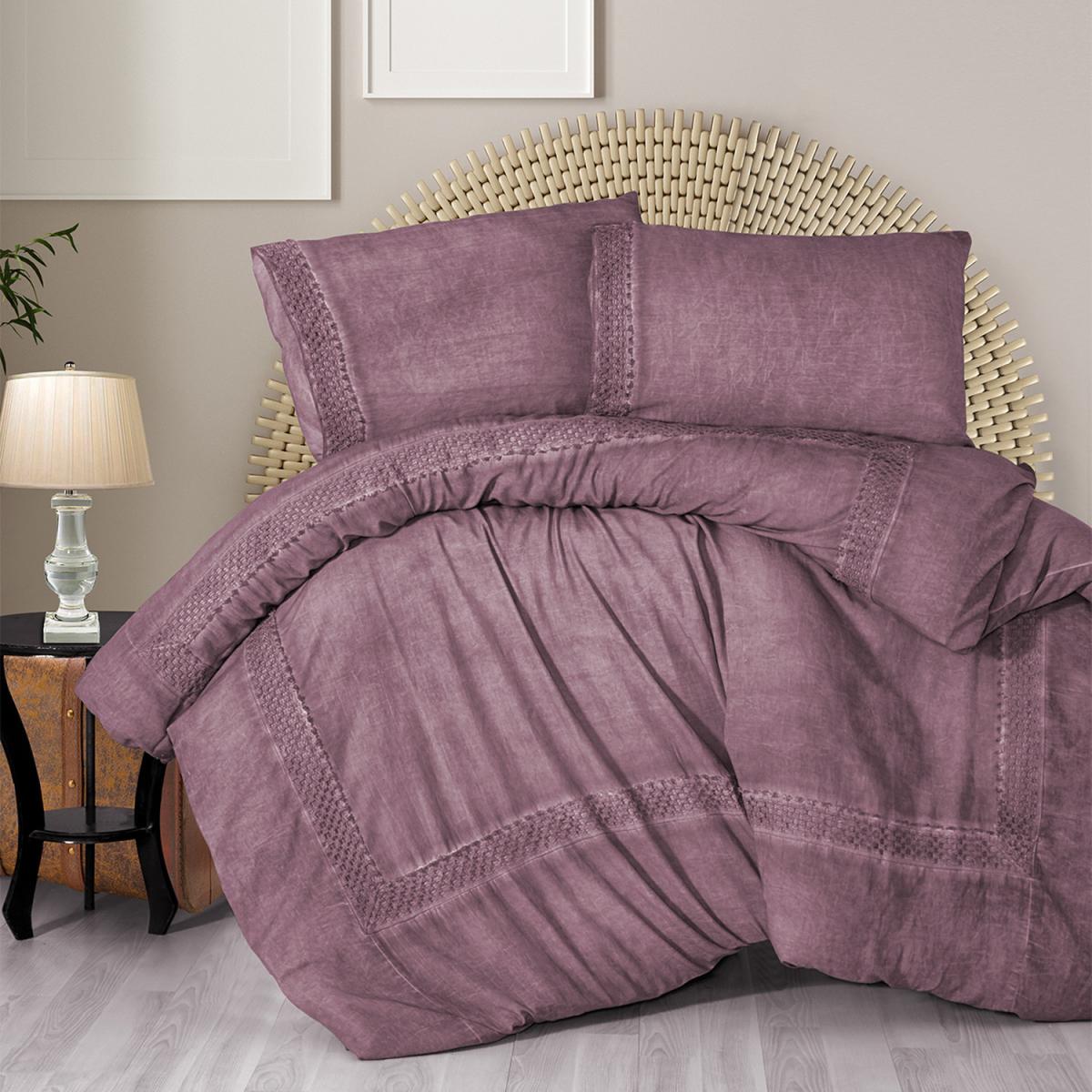 Organic Cotton Lace Embroidered Double Duvet Cover Pillowcase Set - Mustard – image 2