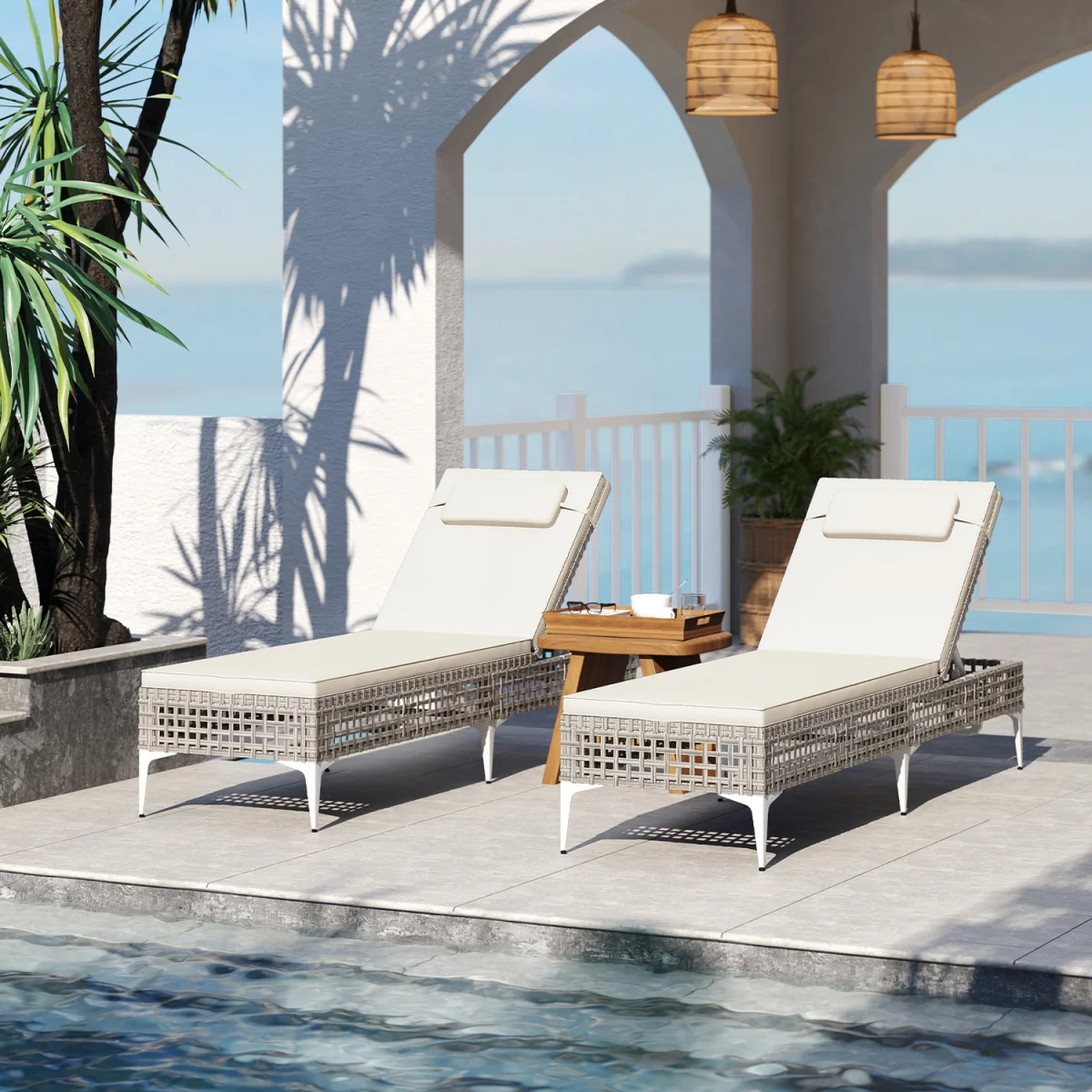 6-Step Rattan Outdoor Sunbed - White – image 3