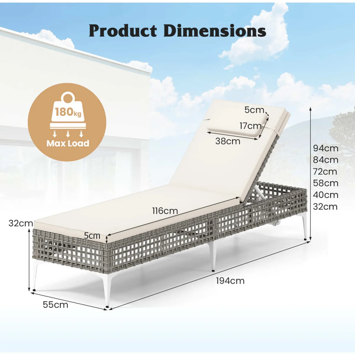 6-Step Rattan Outdoor Sunbed - White – image 5