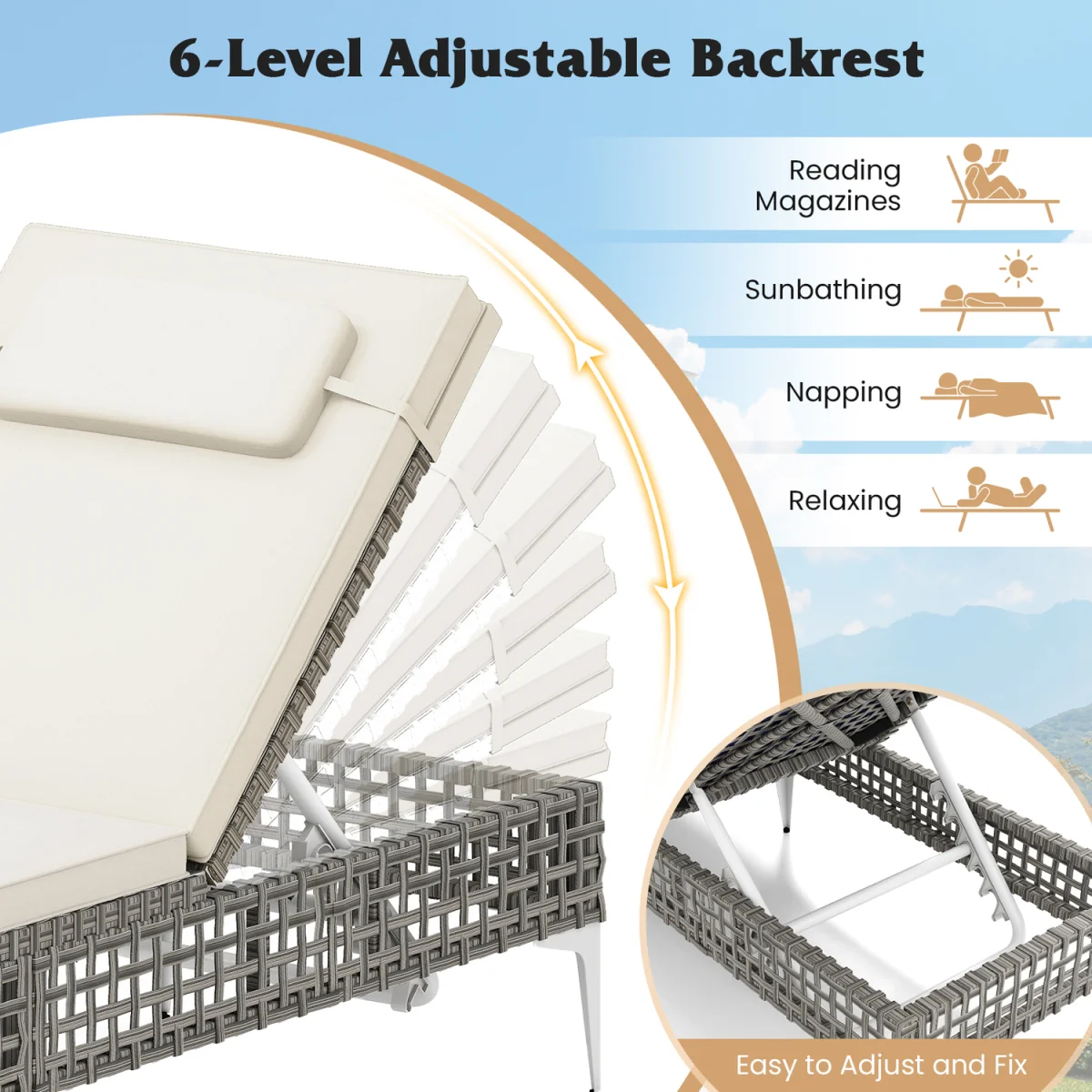 6-Step Rattan Outdoor Sunbed - White – image 6
